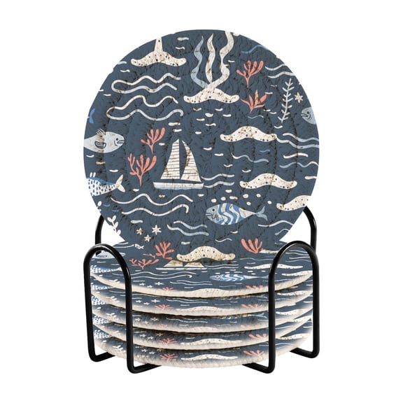 Sailboat Fishes Corals Lighthouses Drinking Coasters Cup Mat with Holder for Kitchen Cafe Bar 6 Packs