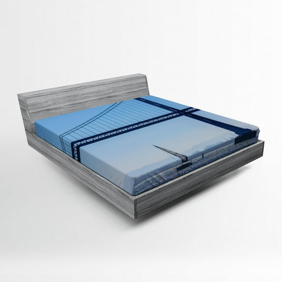 Sailboat Fitted Sheet, San Francisco Bay Bridge Sailboat from Pier 7 in California USA Landmark Photo Print, Soft Decorative Fabric Bedding, Queen Size, Blue, by Ambesonne