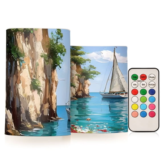 Sailboat Flickering Flameless Candles Battery Operated with Remote Timer LED Pillar Candles Set of 2