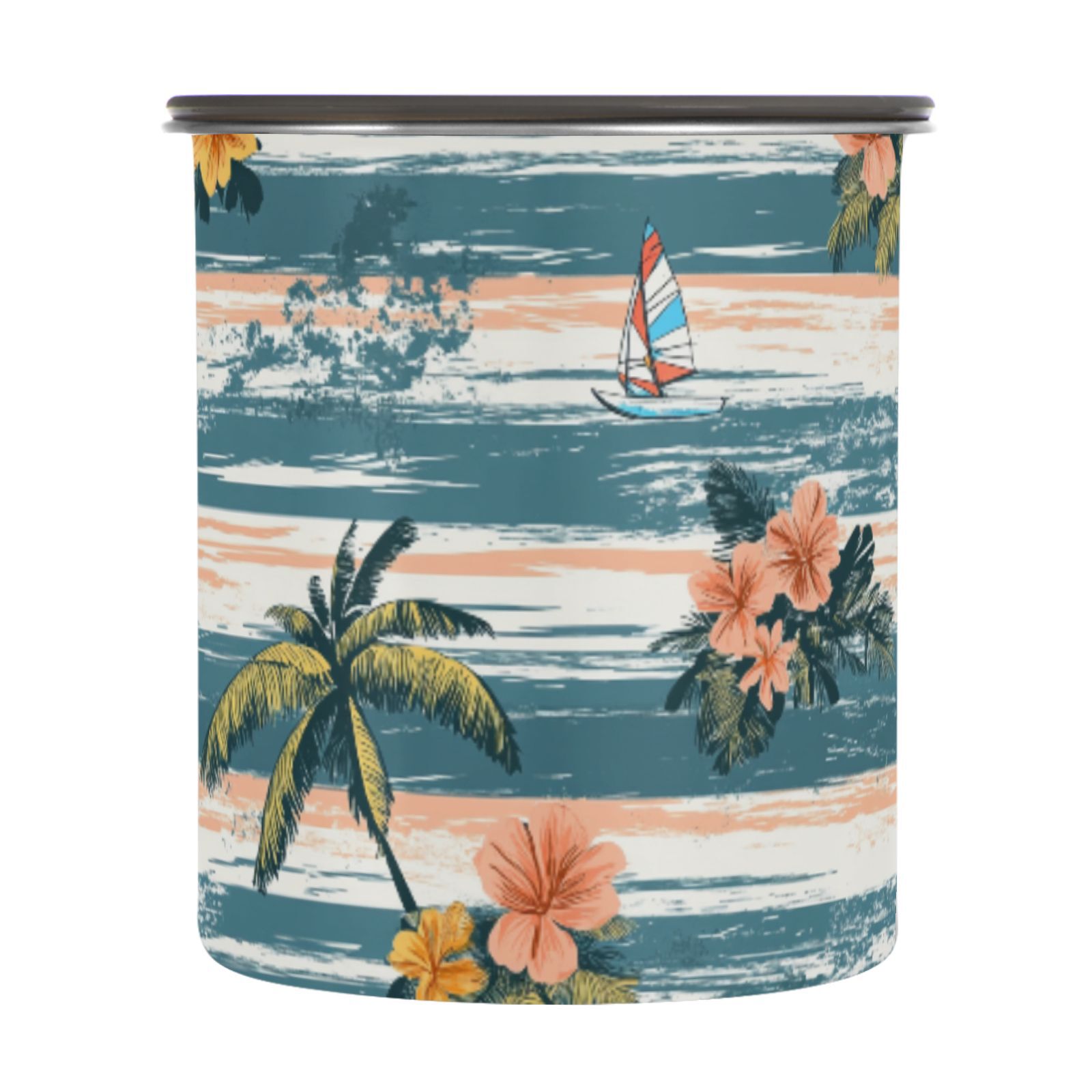 Sailboat Flower Stripes Airtight Coffee Bean Canister 30oz Food Storage Containers with Lids For Gournd, Tea, Sugar, Flour, Rice, Cereal, Candy Cookie Jar