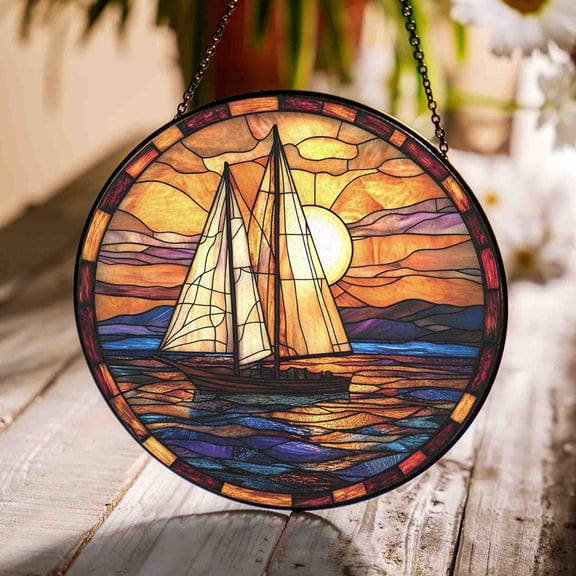 Sailboat Glass Suncatcher v3, Sailing Nautical Window Hanging, Coastal Sea Art Decor, 3.5 in