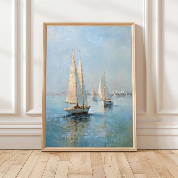 Sailboat Harbor Wall Art Print, Soft Blue Ocean And Nautical Decor
