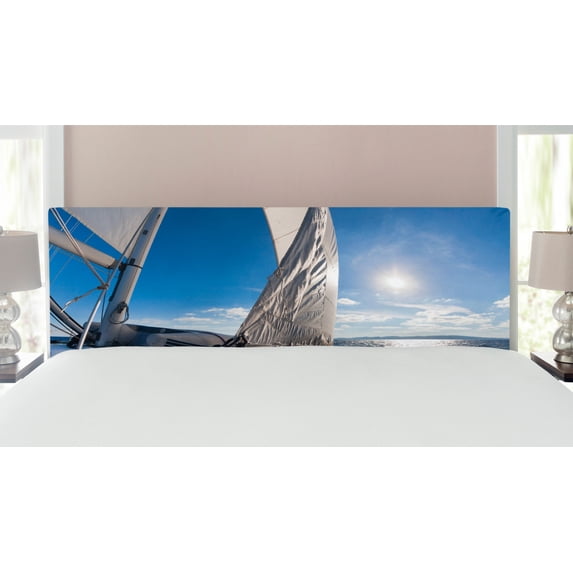 Sailboat Headboard, Sailing Boat in the Sea Maritime Speedy Beaming Sun Reflections Lifestyle Theme, Upholstered Decorative Metal Bed Headboard with Memory Foam, King Size, Blue White, by Ambesonne