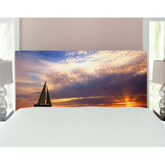 Sailboat Headboard, Sailing with Sunset Sunbeams on the Horizon Romance Honeymoon Destination, Upholstered Decorative Metal Bed Headboard with Memory Foam, Full Size, Marigold Bluegrey, by Ambesonne