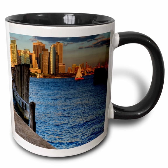 3drose, Sailboat in Hudson River, View of Nyc Skyline, 11oz Two-tone Black Mug