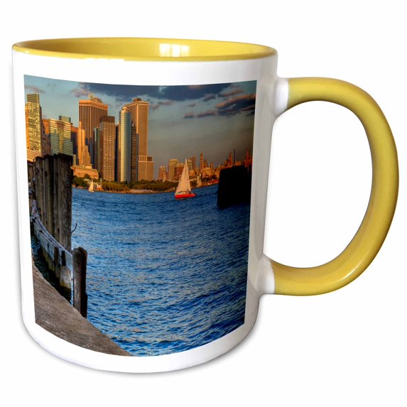 3drose, Sailboat in Hudson River, View of Nyc Skyline, 15oz Two-tone Yellow Mug