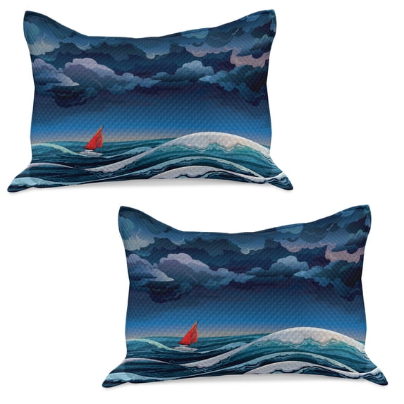 Sailboat Knitted Quilt Pillowcover Set of 2, Night Seascape with Sailboat and Stormy Dramatic Sky Cartoon Illustration, Standard Queen Pillow Sham Bedroom, 30" x 20", Petrol Blue Teal, by Ambesonne