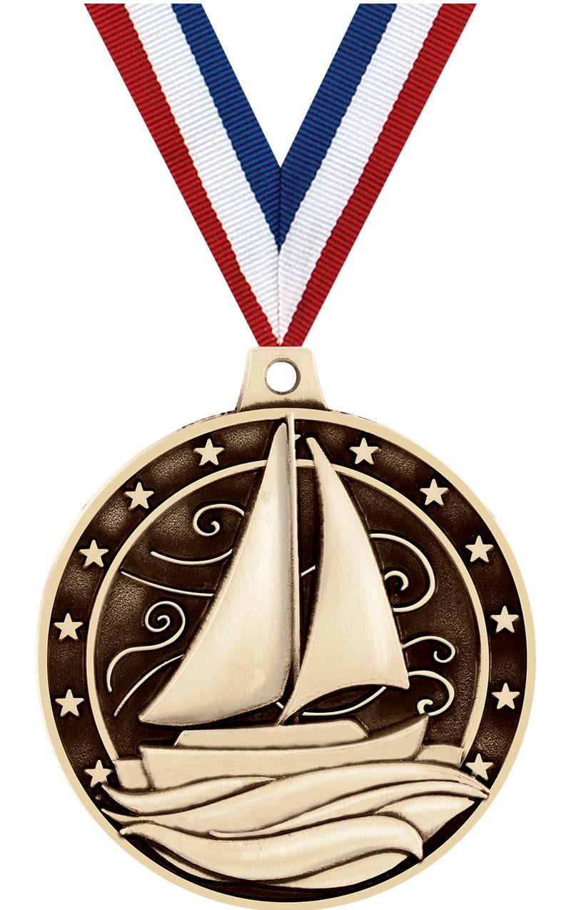 Sailboat Medals, 2" Gold Diecast Sailboat Medal Award 5 Pack