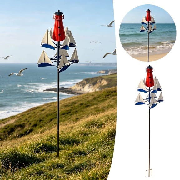 Sailboat Metal Wind Spinner Stake Rotating Garden Wind Sculpture Weatherproof Nautical Lighthouse Art For Lawn Patio Decoration(Red-86X20Cm)