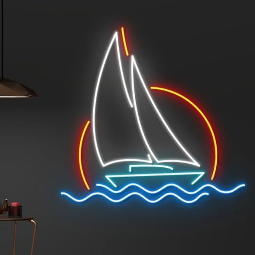 Sailboat Neon Sign for Wall Decor Sun Waves Sailing Boat Neon Sign Sailor Led Light Travel Ship Neon Light River Sea Beach Ocean Boat Wall Decor$$Tools & Hardware Other