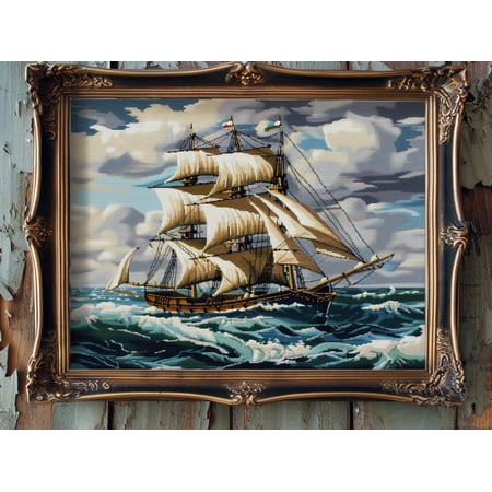 Sailboat in Ocean DIY 11CT Stamped Cross Stitch Kits for Beginners Easy Needlepoint Embroidery Counted Cross Stitch Art Craft for Wall Decoration 12x16inch(1)