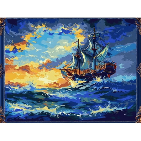 Sailboat in Ocean DIY 11CT Stamped Cross Stitch Kits for Beginners Easy Needlepoint Embroidery Counted Cross Stitch Art Craft for Wall Decoration 12x16inch(6)