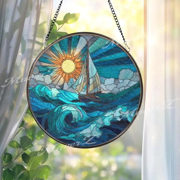 Sailboat Ocean Glass Suncatcher, Round Sea Waves Window Panel, Nautical Decor, 6.3 in