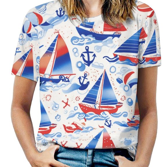 Sailboat Ocean Print T Shirts Basic T-Shirt Short Sleeve Ladies Tee Shirt Summer Graphic Clothing
