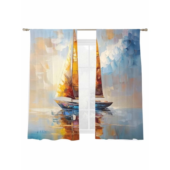 Sailboat Ocean Sheer Curtains for Living Room Bedroom, Light-filtering Sheer Curtain, Landscape Sunset Rod Pocket Voile Window Treatment Drapes, 52’’Wx72’’L, 2 Panels Set