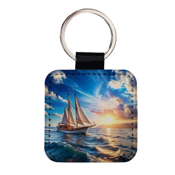 Sailboat On The Ocean Faux Leather Square Keychain