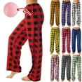 thumbnail image 1 of Women's Plaid Gingham Wide Leg Pants Checkered Drawstring Elastic Waist Pajama Lounge Trousers with Pockets Purple 2XL, 1 of 5