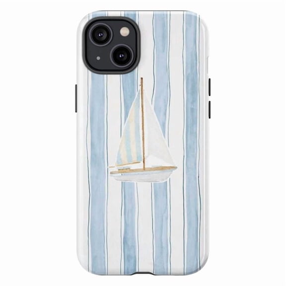 Sailboat Phone Case, Minimal Nautical Watercolor Design iPhone Cover, Coastal Blue Striped Aesthetic Protective Case for iPhone 17 16 15 14 13 12 11 Plus Pro Max Mini