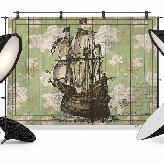Sailboat Photography Backdrop 7x5FT, Vintage Boat Green Map Texture Brown Stripes Photo Backdrops, Background for Photography Studio Photo Studio Background, Back Drop for Photoshoot