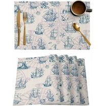 Sailboat Placemats Set of 6,Washable Woven Burlap Cloth Fabric Placemat for Square/Rectangle/Round/Oval Dining Table,Easy Clean Place Mats for Kids Retro Nautical Compass Coastal Octopus Starfish