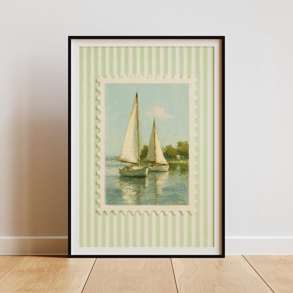 Sailboat Poster Coastal Sailing Poster Nautical Green Decor , Poster Print Only