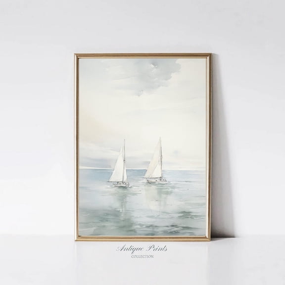 Sailboat Poster, Muted Coastal Wall Art, Vintage Nautical, Neutral Seascape Wall Art, Antique Vertical Art, Unframed Canvas Size 24x36