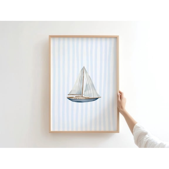 Sailboat Print Nautical Nursery Coastal Wall Art Decor, Stretched Canvas 8x10in
