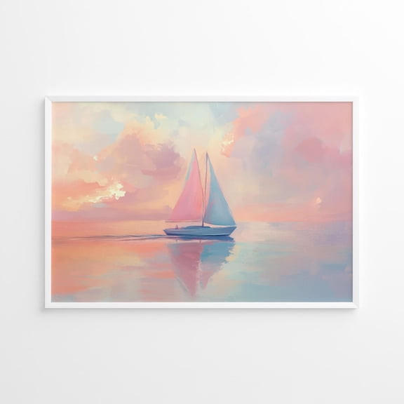 Sailboat Reflection Poster, Pastel Ocean Sunset Wall Art, Serene Coastal Nautical Decor, Whimsical Seascape Artwork, Tranquil Sailing Scene Unframed Paper Print