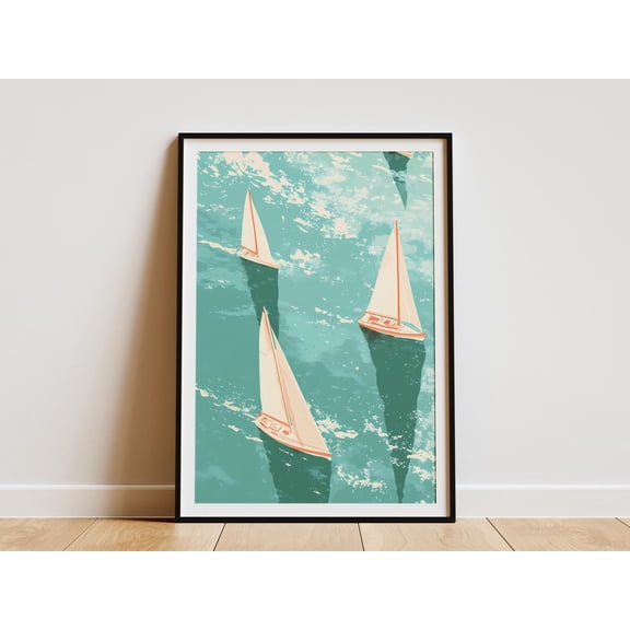 Sailboat Regatta Poster Turquoise Ocean Summer Coastal Art Print Nautical Decor Summertime Sailing Boats Yacht Race Regatta