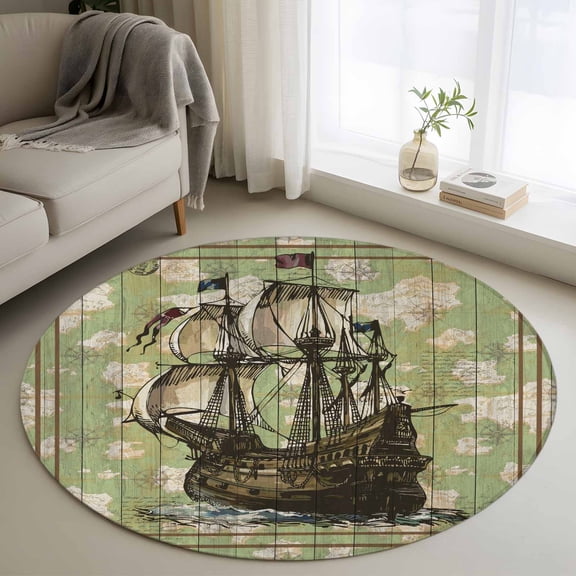 Sailboat Round Rugs for Living Room 3ft Vintage Boat Green Map Texture Brown Stripes Non Slip Circle Rug Washable Low-Profile Indoor Carpet for Bedroom, Dining Room, Bathroom