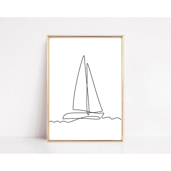 Sailboat Sailing One Line Drawing Wall Art Poster Print, Unframed Paper Poster 8x10in