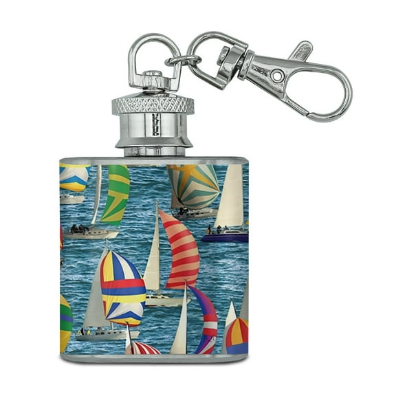 Sailboat Sailing Pattern Stainless Steel 1oz Mini Flask Key Chain
