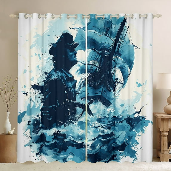 Sailboat Sailor Curtains,Nautical Compass Sailing Ship Curtains Bedroom,White and Blue Ocean Marine Curtains Sail Boat Window Curtains 2 Panels 2 Panels,(42Wx63L)
