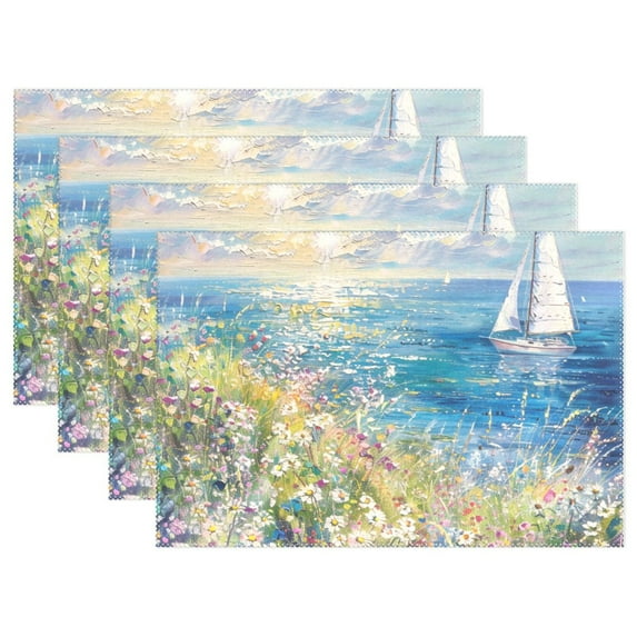 Sailboat Sea Grass 12×18 inch Placemats Heat Resistant Washable Foldable Rectangular Placemats Set Decoration Indoor Outdoor for Kitchen Dining Table 4PCs