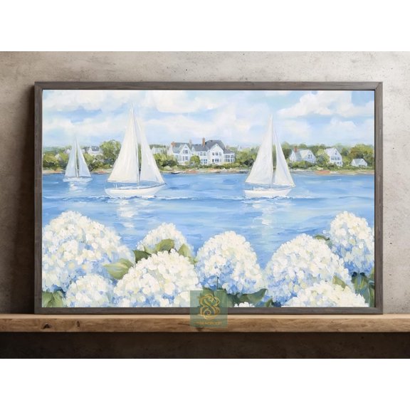 Sailboat Seaside Print, Coastal Summer Houses Poster, Ocean View Wall Art Decor