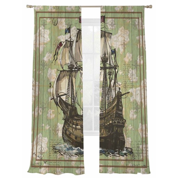 Sailboat Sheer Curtains 2 Panels Set Vintage Boat Green Map Texture Brown Stripes Sheer Window Curtains Light Filtering Rod Pocket Voile Drapes for Bedroom Living Room 52"X84"