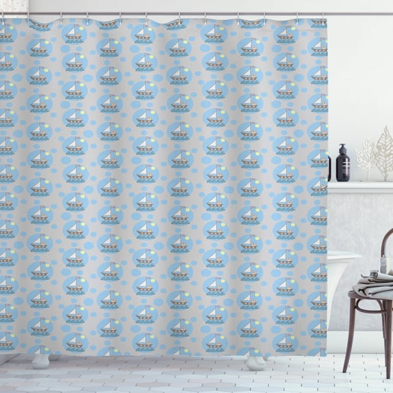 Sailboat Shower Curtain, Nocturnal Illustration of Lonely Sailing Boat by the Moonlight Dotted Background, Fabric Bathroom Set with Hooks, 69W X 84L Inches Extra Long, Multicolor, by Ambesonne
