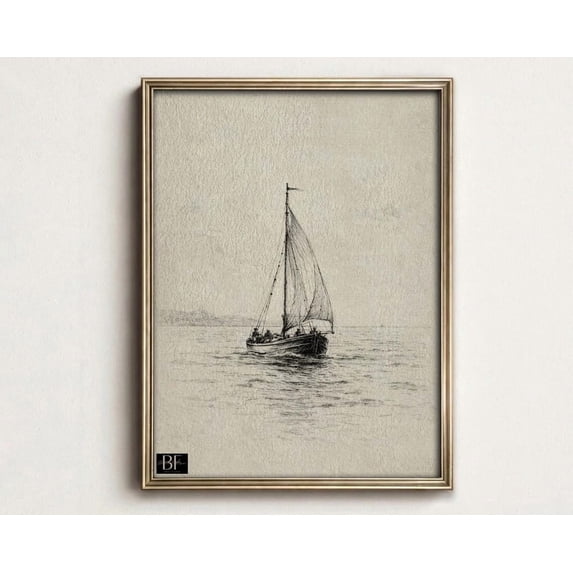 Sailboat Sketch Wall Art Print, Vintage Nautical Drawing Coastal Decor ...