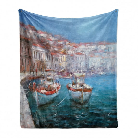 Sailboat Soft Flannel Fleece Blanket, Calming Scene of Fishing Boats Floating on the Seashore Pastel Oil Painting Effect, Cozy Plush for Indoor and Outdoor Use, 50" x 70", Multicolor, by Ambesonne