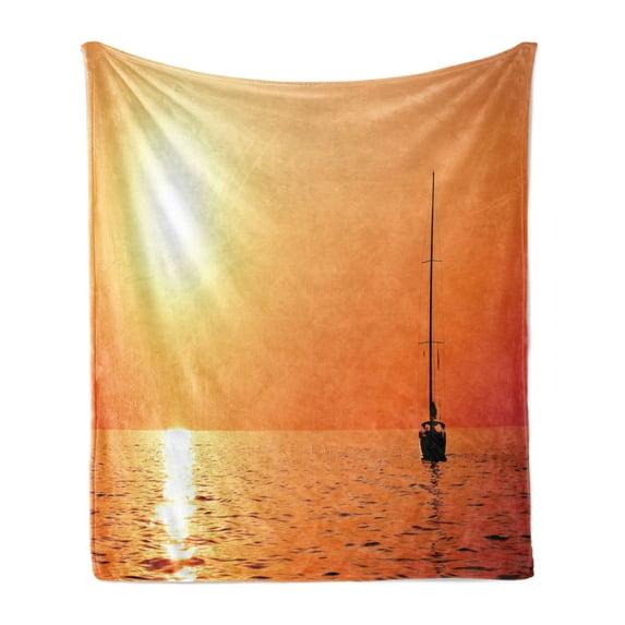 Sailboat Soft Flannel Fleece Blanket, Lonely Yacht at Sunset Sailing Competition Race Teamwork Marine Vessel Winner, Cozy Plush for Indoor and Outdoor Use, 60" x 80", Orange Yellow, by Ambesonne