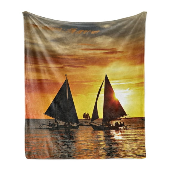 Sailboat Soft Flannel Fleece Blanket, Sailing to Sunset Boracay Island Evening Vacation Romantic Water Sports, Cozy Plush for Indoor and Outdoor Use, 70" x 90", Marigold Dark Orange, by Ambesonne