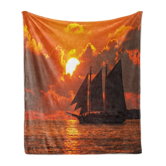 Sailboat Soft Flannel Fleece Throw Blanket, Boat Sailing in Front of Sunset in Key West FloridSundown Tropical, Cozy Plush for Indoor and Outdoor Use, 70" x 90", Orange Dark Orange, by Ambesonne