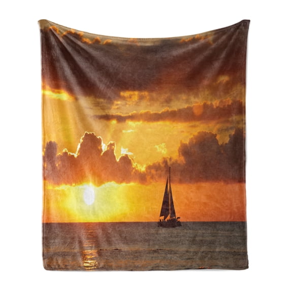 Sailboat Soft Flannel Fleece Throw Blanket, Last Rays of Sun over Ocean Sail Boat Freedom Relaxing Mediterranean, Cozy Plush for Indoor and Outdoor Use, 60" x 80", Marigold Dark Orange, by Ambesonne
