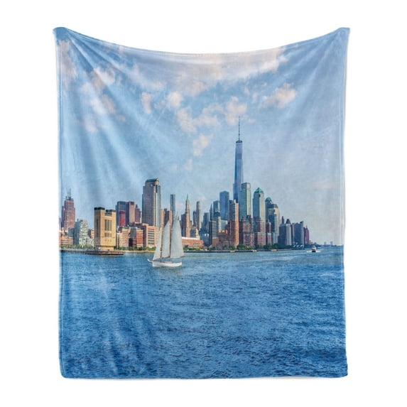 Sailboat Soft Flannel Fleece Throw Blanket, Manhattan Skyline New York Sunshine USA Clear Sky Tower Skyscraper Photography, Cozy Plush for Indoor and Outdoor Use, 50" x 70", Blue Grey, by Ambesonne