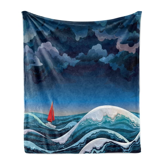 Sailboat Soft Flannel Fleece Throw Blanket, Night Seascape with Sailboat and Stormy Dramatic Sky Cartoon Illustration, Cozy Plush for Indoor and Outdoor Use, 60" x 80", Petrol Blue Teal, by Ambesonne