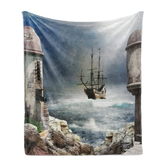 Sailboat Soft Flannel Fleece Throw Blanket, Pirate Merchant Shipnchored in the Bay of Fortbandoned Rockst Shore, Cozy Plush for Indoor and Outdoor Use, 60" x 80", Pale Muave Beige, by Ambesonne