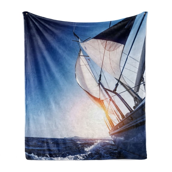Sailboat Soft Flannel Fleece Throw Blanket, Sail Boat in Action Summer Adventure Water Transport Sunset Travel Print, Cozy Plush for Indoor and Outdoor Use, 50" x 60", White Dark Blue, by Ambesonne