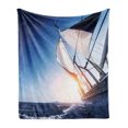 thumbnail image 1 of Sailboat Soft Flannel Fleece Throw Blanket, Sail Boat in Action Summer Adventure Water Transport Sunset Travel Print, Cozy Plush for Indoor and Outdoor Use, 60" x 80", White Dark Blue, by Ambesonne, 1 of 5
