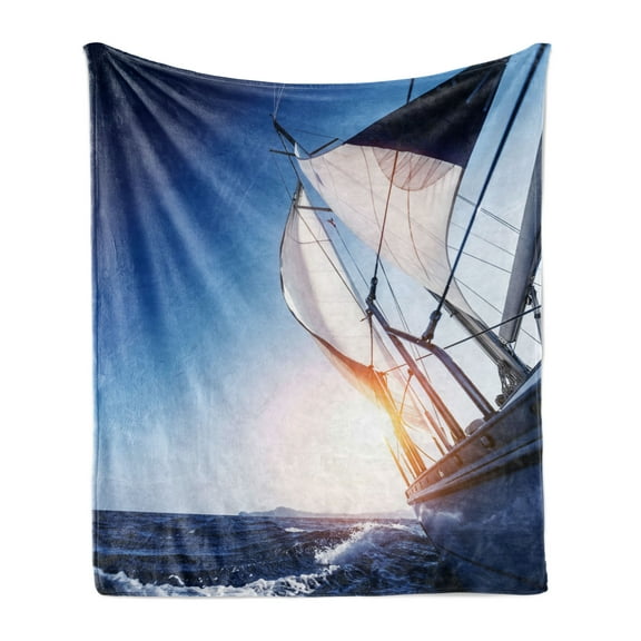 Sailboat Soft Flannel Fleece Throw Blanket, Sail Boat in Action Summer Adventure Water Transport Sunset Travel Print, Cozy Plush for Indoor and Outdoor Use, 70" x 90", White Dark Blue, by Ambesonne