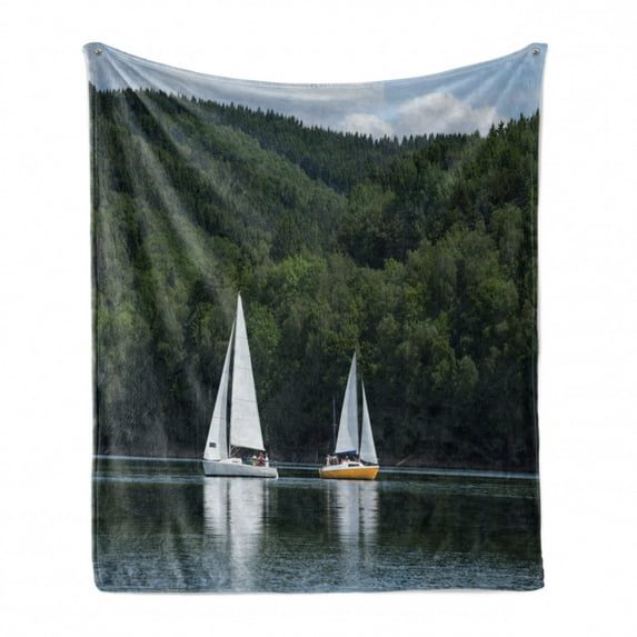 Sailboat Soft Flannel Fleece Throw Blanket, Sailboats on a Lake Forest Hill Yachting Countryside Coastline Nature Scenics, Cozy Plush for Indoor and Outdoor Use, 50" x 60", Green White, by Ambesonne